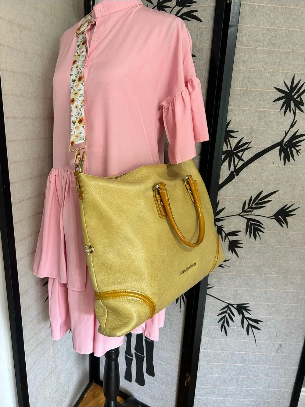 Louis Quatorze Satchel Square Grain Leather Designer Bag Pale Yellow Top Handle